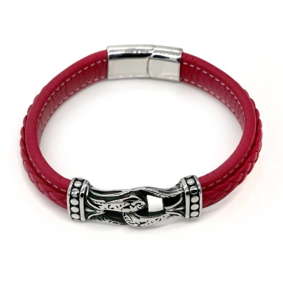 Men's red leather bracelet with magnetic clasp. - Picture 2 of 4